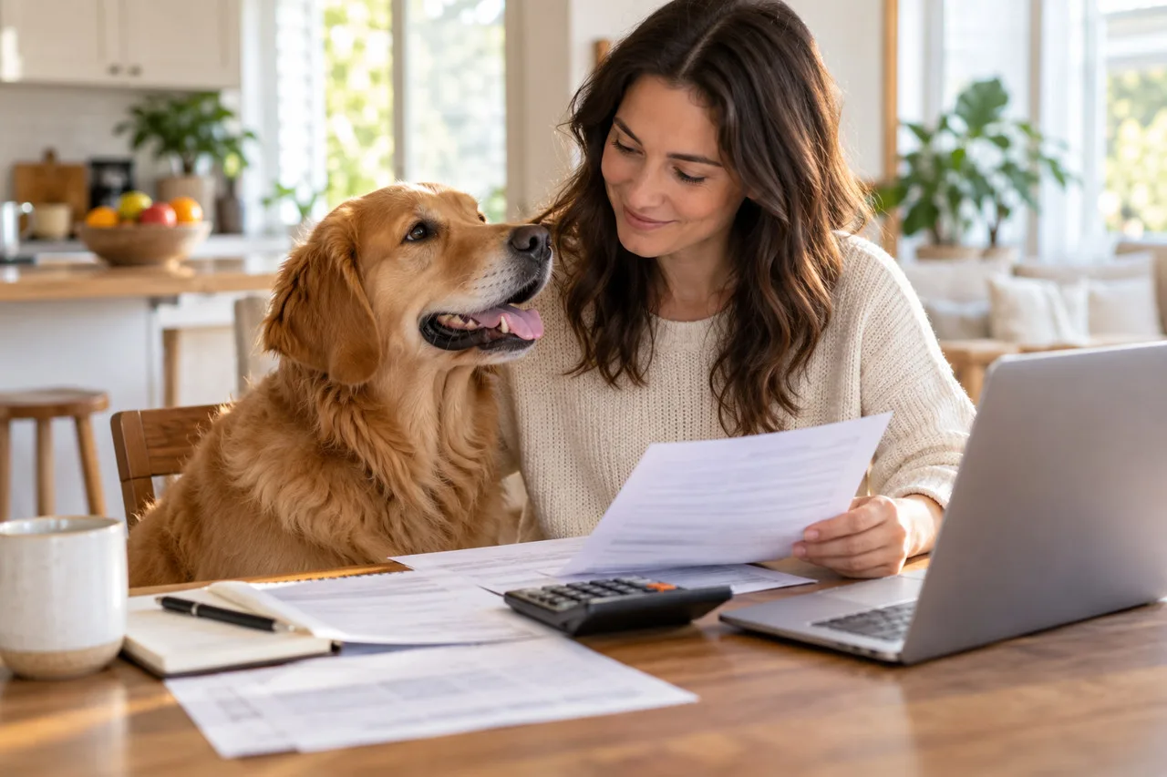 Owner reviewing papers and a calculator beside a dog